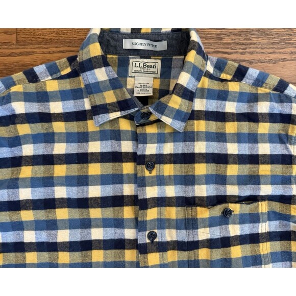 LL Bean Button Up Flannel Shirt Men's Medium Blue Yellow Plaid Slightly Fitted - Picture 2 of 6